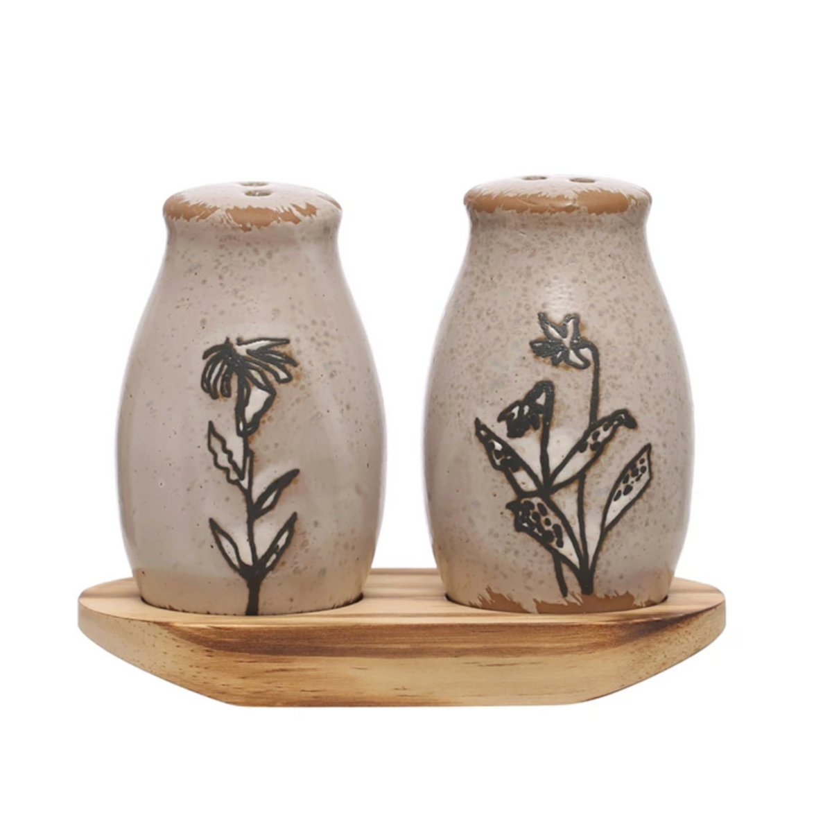 Stoneware Salt & Pepper Shakers w/ Tray, Set of 3 (Each One Will Vary) ©