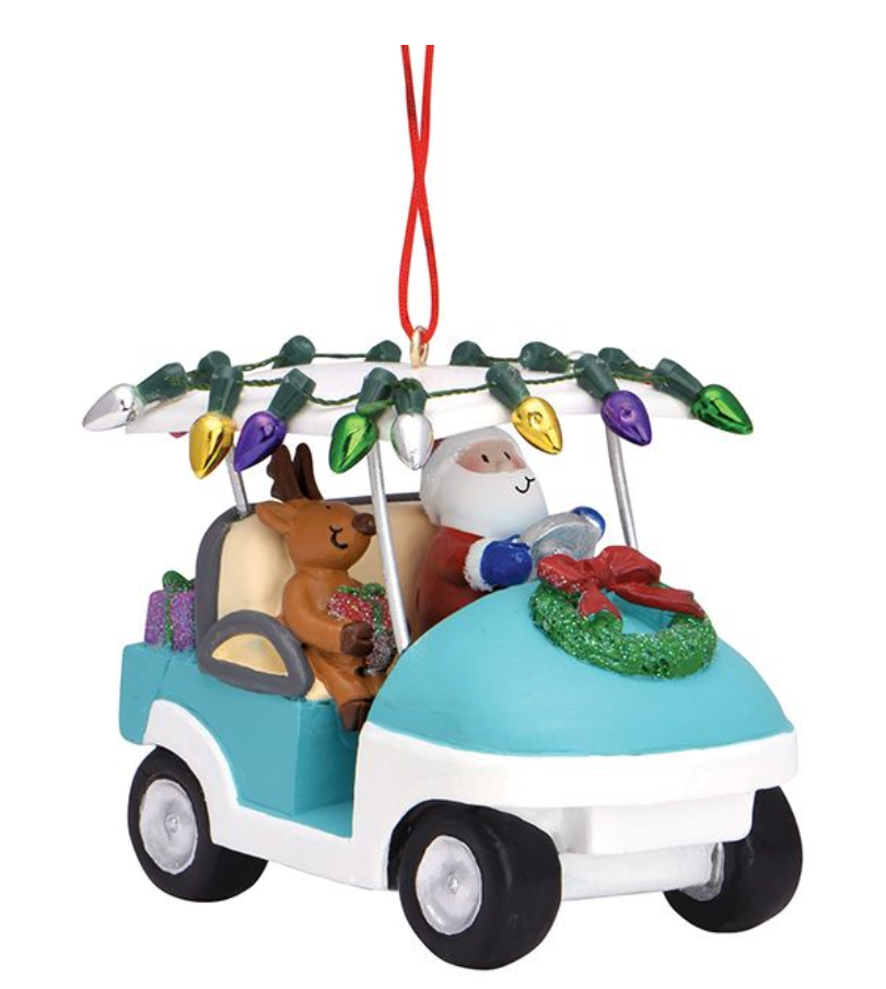 Resin Ornament - Santa In Golf Cart with Lights