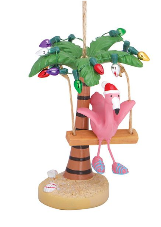 Resin Ornament Flamingo On Swing In Palm Tree