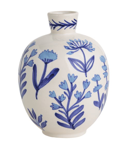 Large Blue Floral Bud Vase