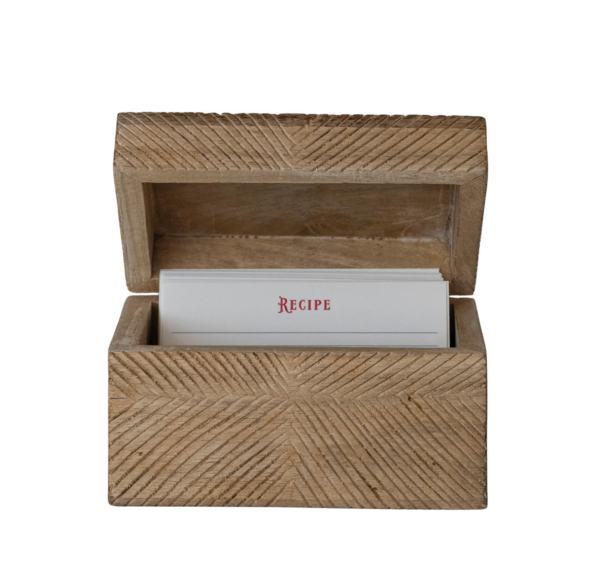 Hand-Carved Mango Wood Recipe Box with 25 Recipe Cards, Natural.