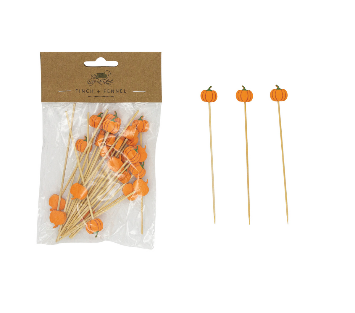 Bamboo Single Use Picks w/ Pumpkin Shaped Handles, Natural, Orange Color & Black