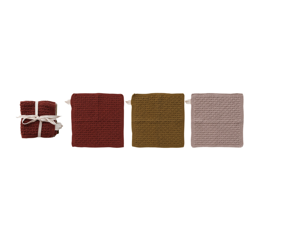 Cotton Knit Dish Cloths, Set of 3 Tied with Cotton Tape