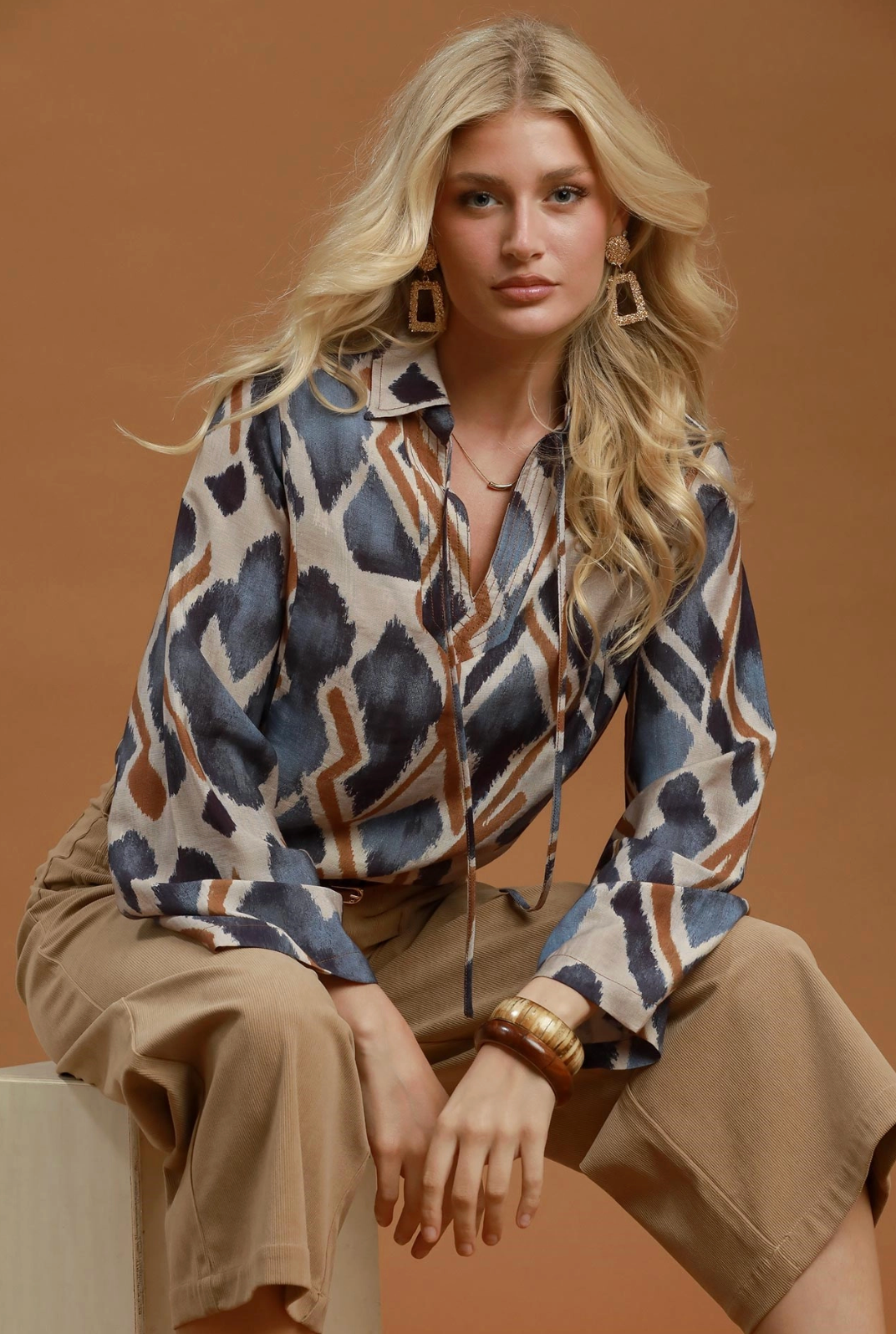 Abstract Ikat Print Tie-Neck Blouse