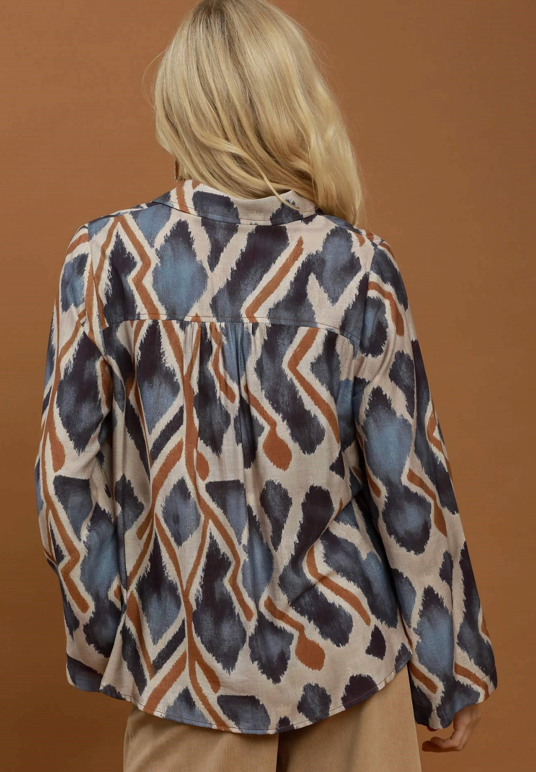 Abstract Ikat Print Tie-Neck Blouse