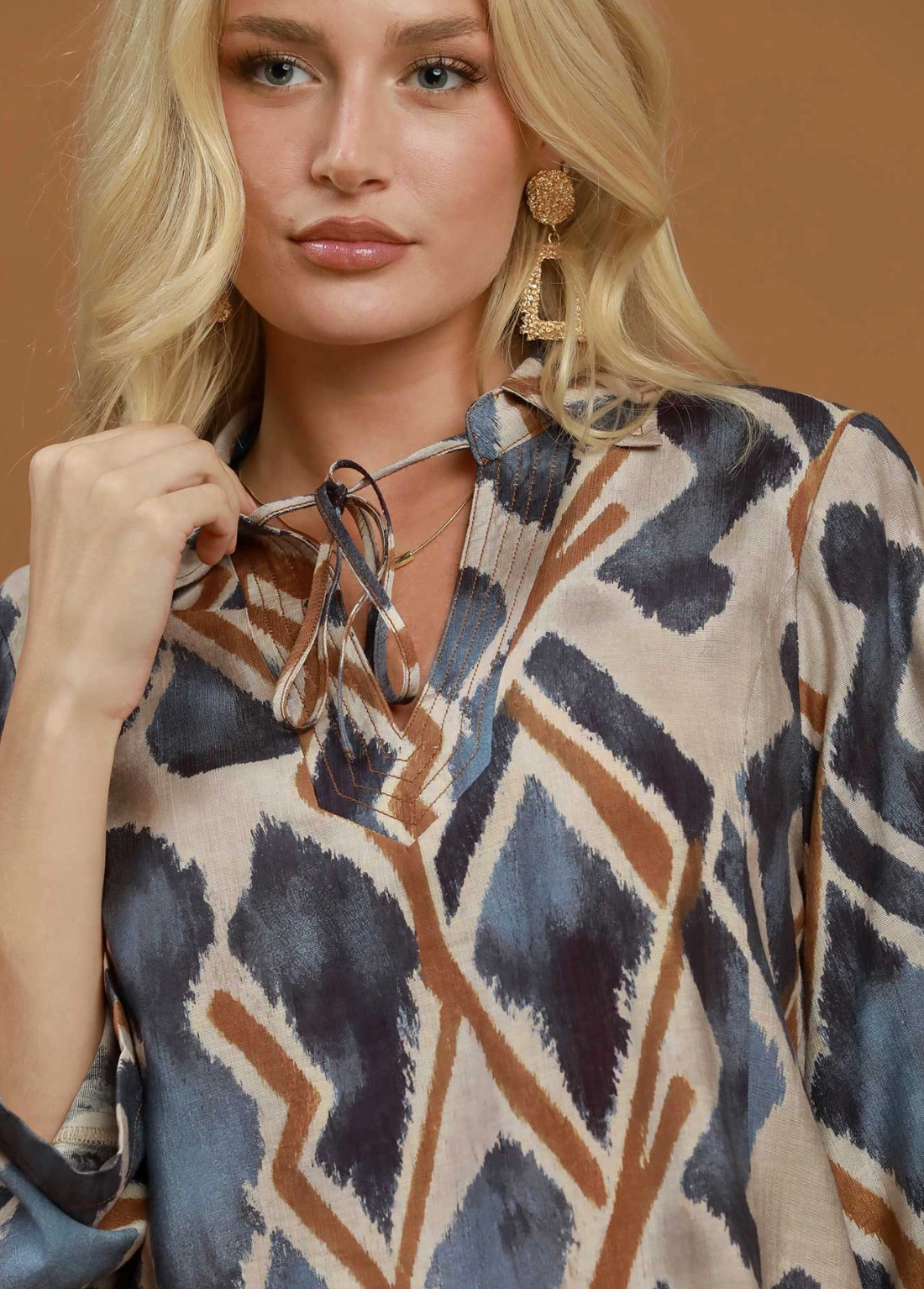 Abstract Ikat Print Tie-Neck Blouse