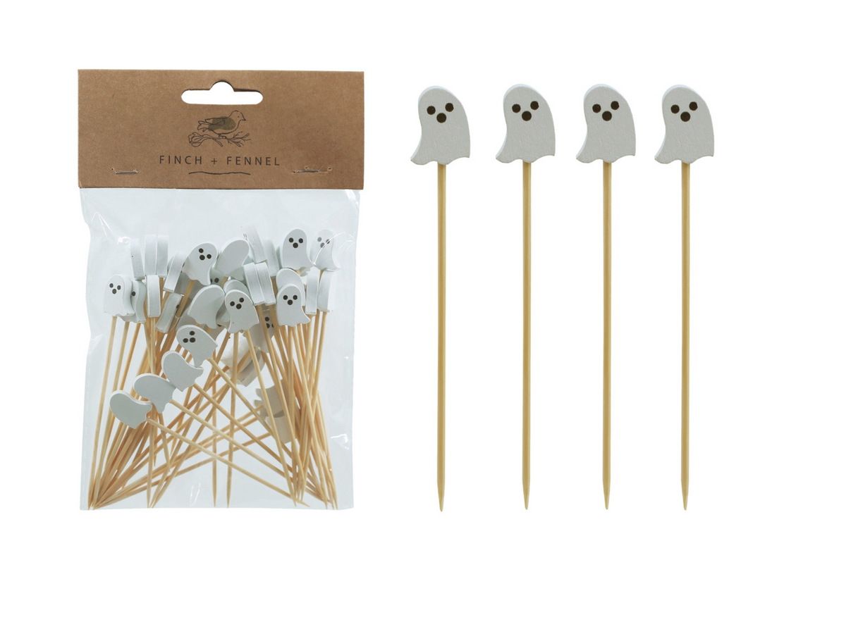 Bamboo Single Use Picks w/ Ghost Shaped Handles, Natural, White & Black, Set of 50