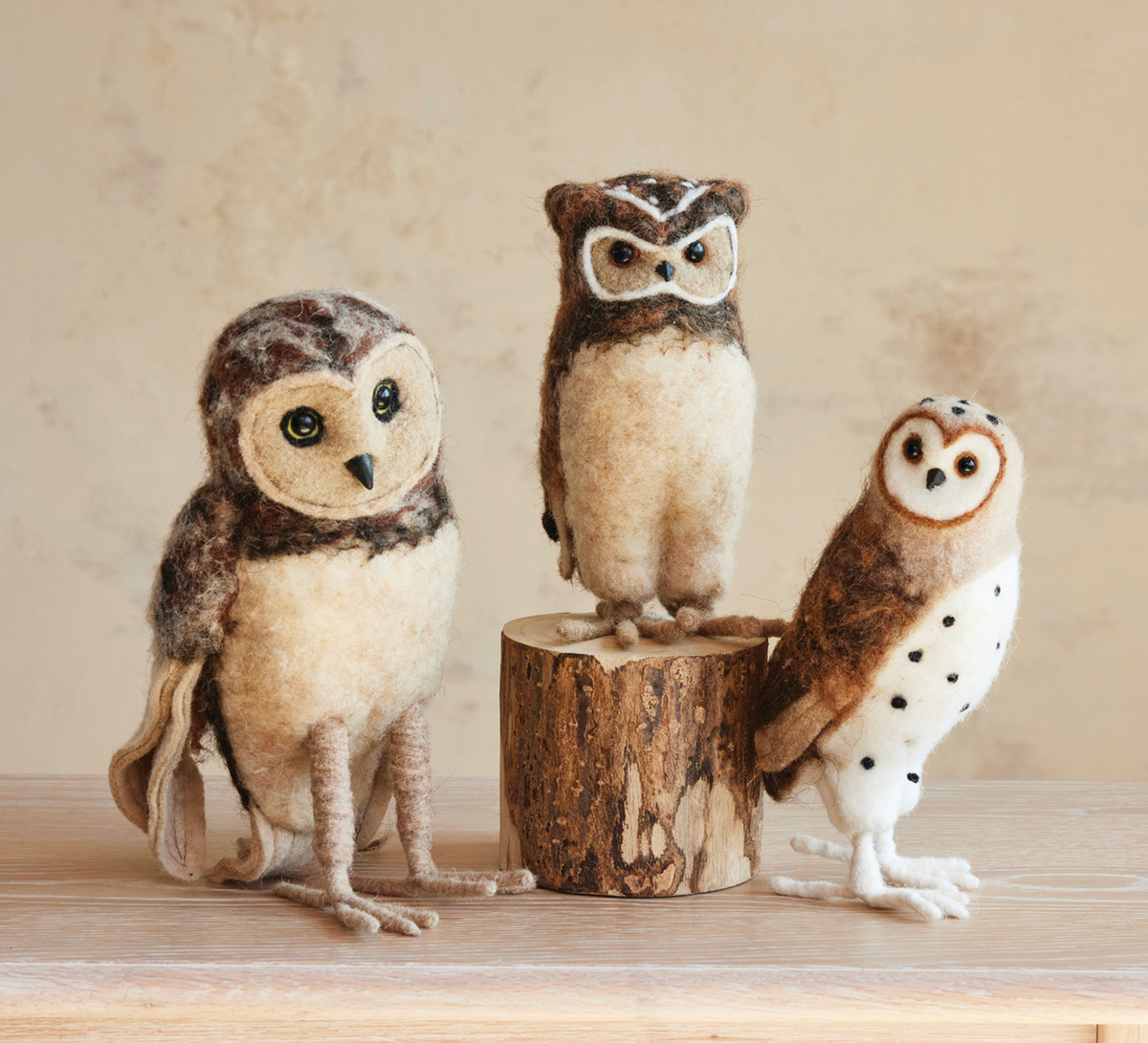 4"L x 4-1/4"W x 9-1/2"H Handmade Wool Felt Burrowing Owl, Brown