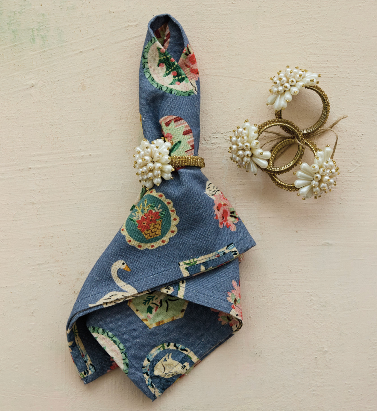Glass Beaded Metal Napkin Rings with Faux Pearl Clusters, Set of 4 Tied with Jute