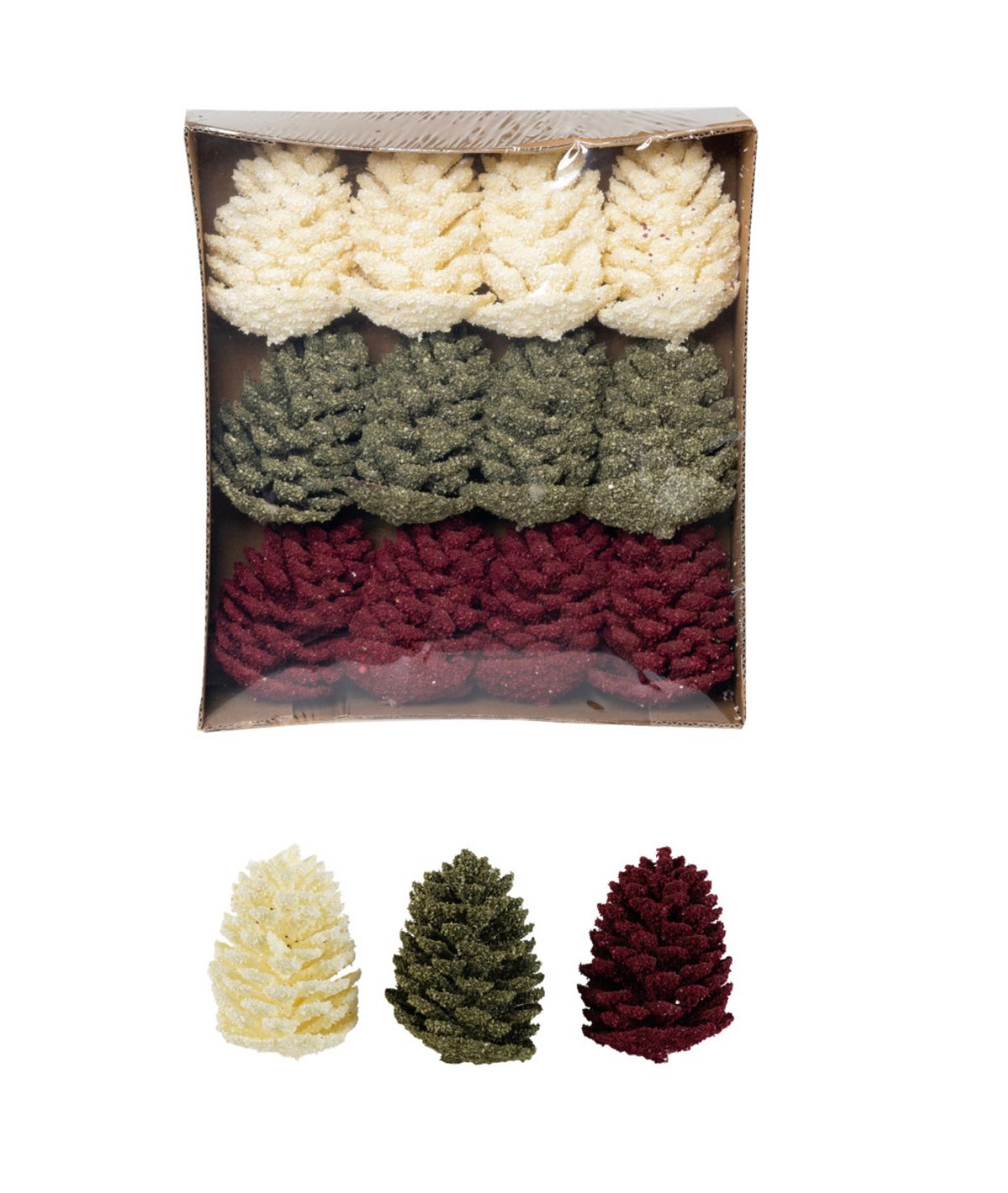 Faux Pinecones with Glitter, Burgundy, Boxed Set of 9