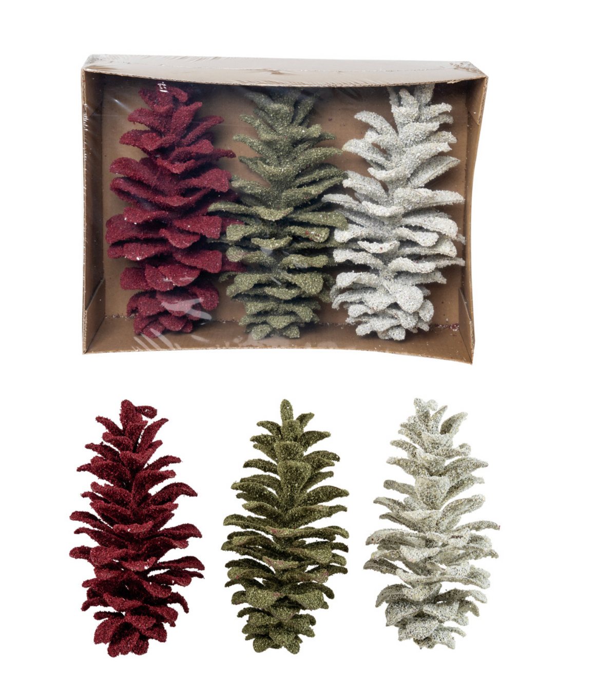 Faux Pinecones with Glitter, White, Green & Burgundy, Boxed Set of 3