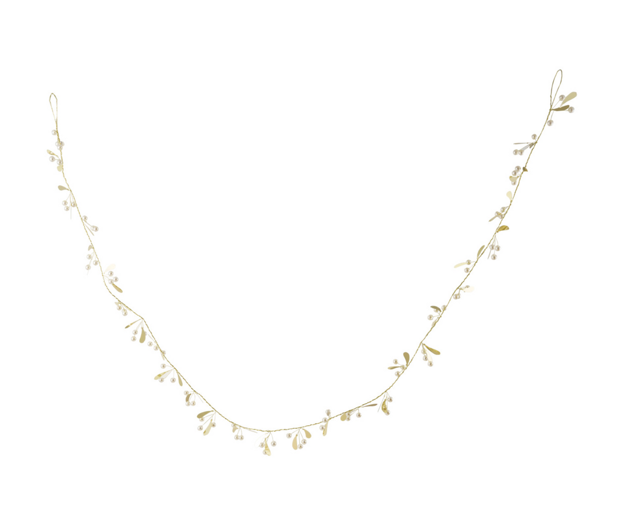 Metal Mistletoe Garland with Faux Pearls, Gold Finish