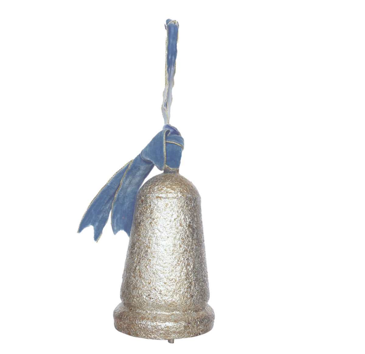 Metal Bell with Blue Velvet Ribbon, Antique Silver Finish