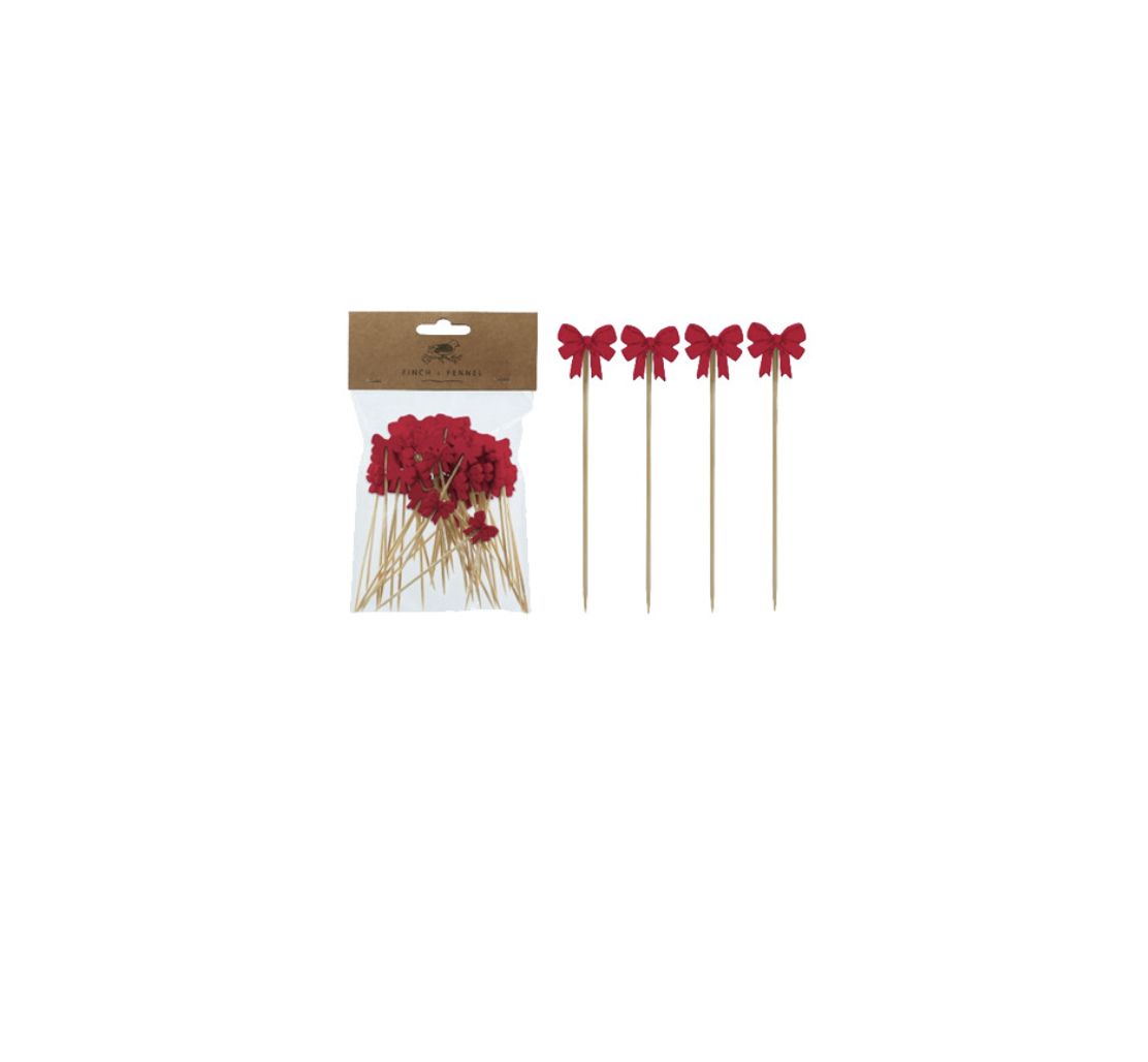 Bamboo Single Use Picks w/ Bow Shaped Handles, Natural & Red, Set of 50