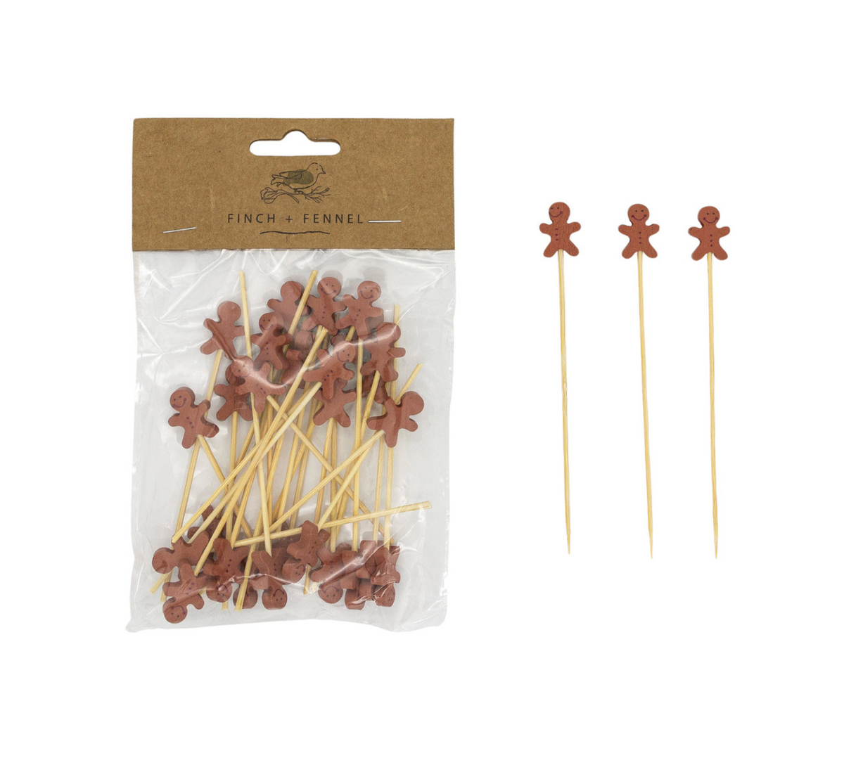 Bamboo Single Use Picks w/ Gingerbread Man Shaped Handles, Natural & Brown, Set of 50