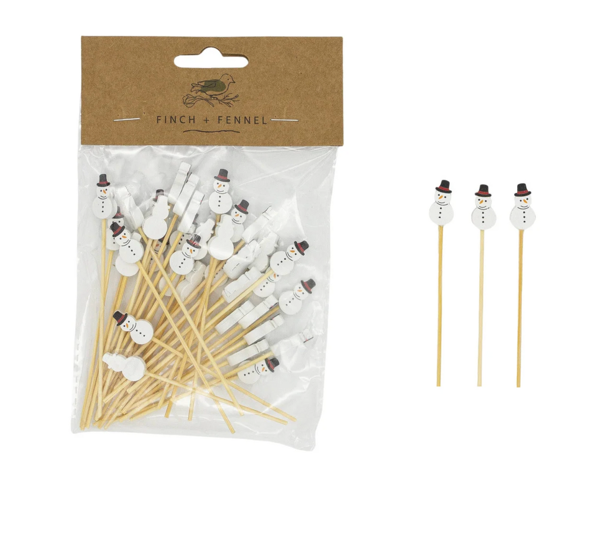 Bamboo Single Use Picks w/ Snowman Shaped Handles, Natural, White & Black, Set of 50