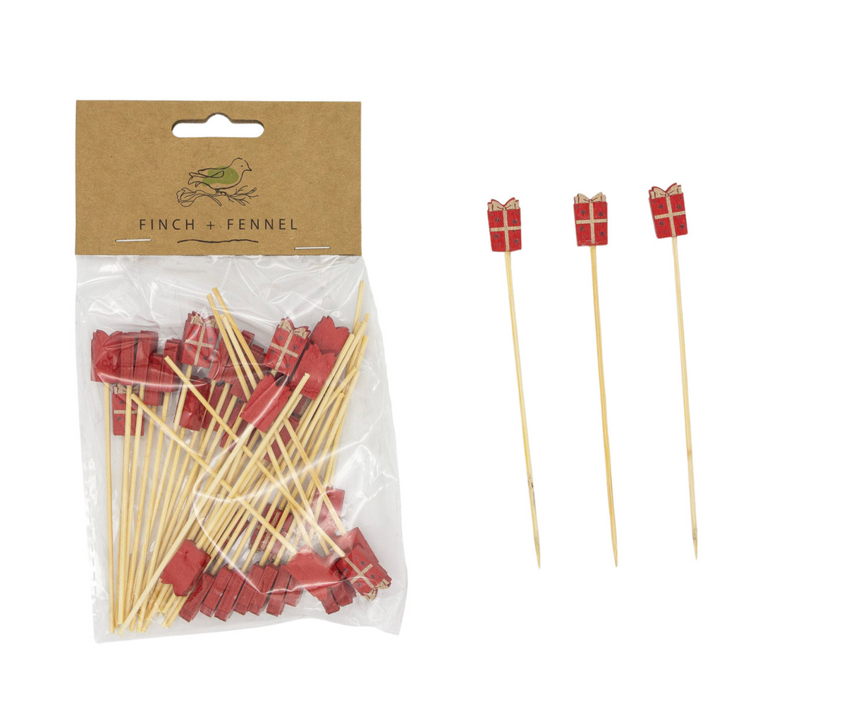 Bamboo Single Use Picks w/ Gift Shaped Handles, Natural & Red, Set of 50