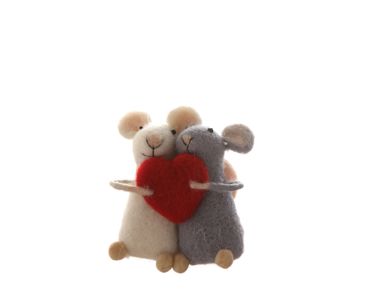 Wool Felt Mice with Heart Ornament