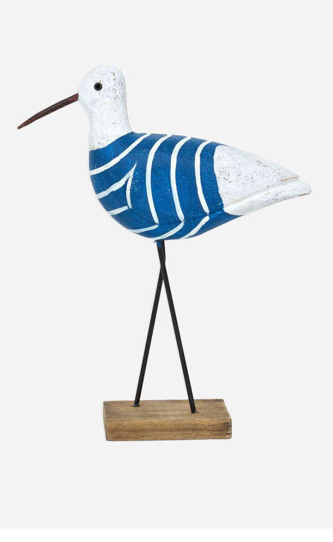 Striped Bird w/ Base, Wood/Metal, Blue/White, Lg,