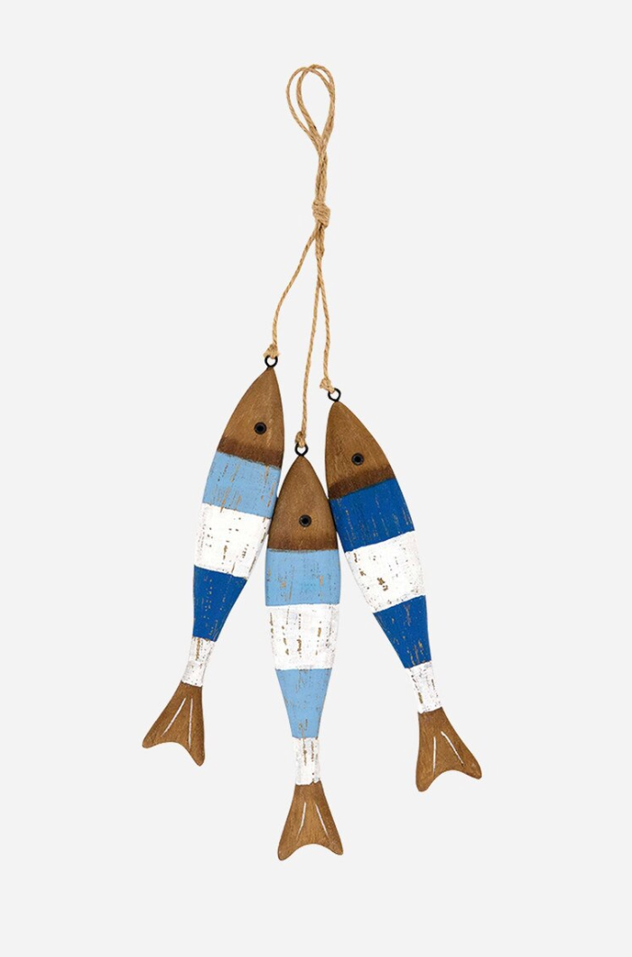 3 Striped Elongated Fish w/ Jute Hanger, Wood