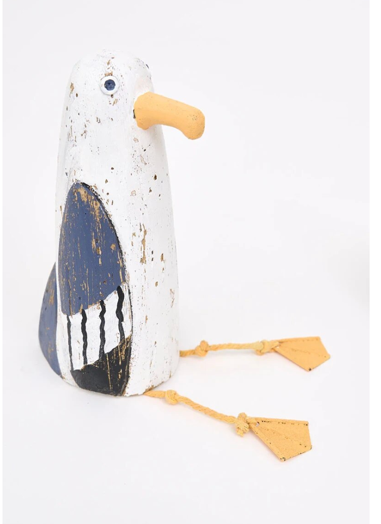 Sitting Seagull, Wood & Felt, Large, White, Navy &