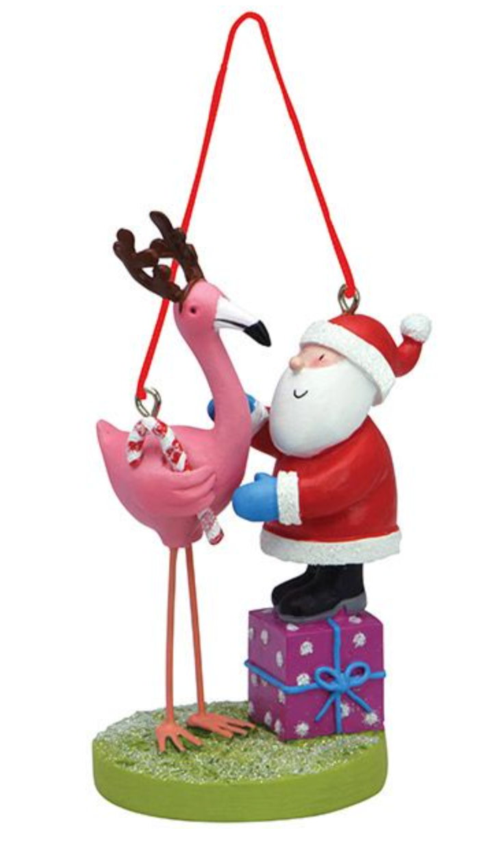 Santa with Flamingo and Present Ornament