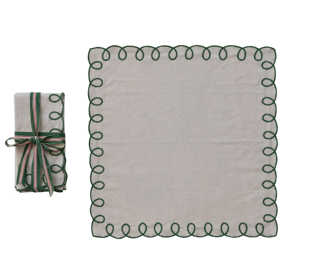 Cotton Scalloped Napkins with Embroidered Edges, Set of 4 Tied with Cotton Tape