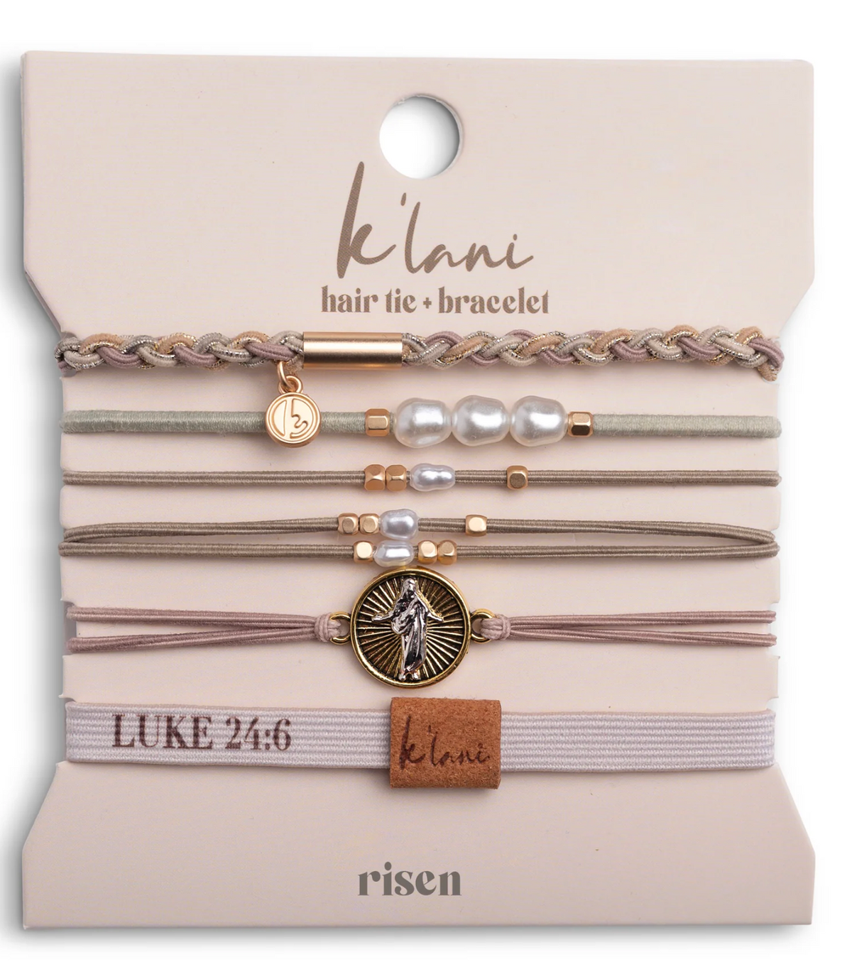 "Risen" Warm Neutrals w Gold Christus Hair Tie
