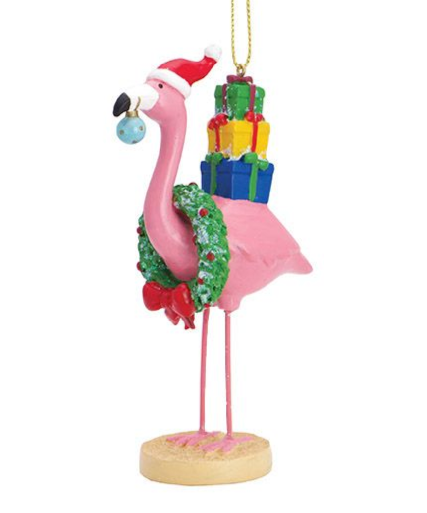 Flamingo with Wreath and Presents Ornament