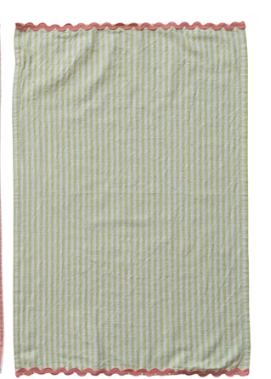 Woven Cotton Striped Tea Towel with Ric Rac Trim, 4 Colors. Each Sold Separately.