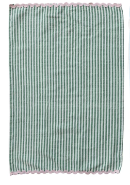 Woven Cotton Striped Tea Towel with Ric Rac Trim, 4 Colors. Each Sold Separately.