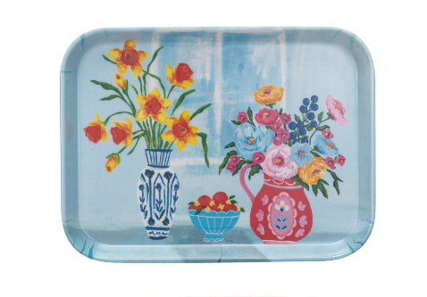 Bamboo Fiber Tray w/ Flowers in Vases. Each Sold Separately.