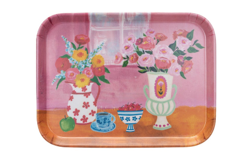 Bamboo Fiber Tray w/ Flowers in Vases. Each Sold Separately.