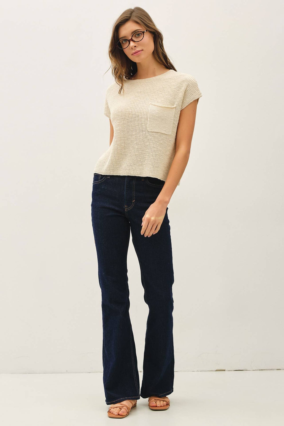 POCKET DOLMAN CAP SLEEVE BOXY KNIT
