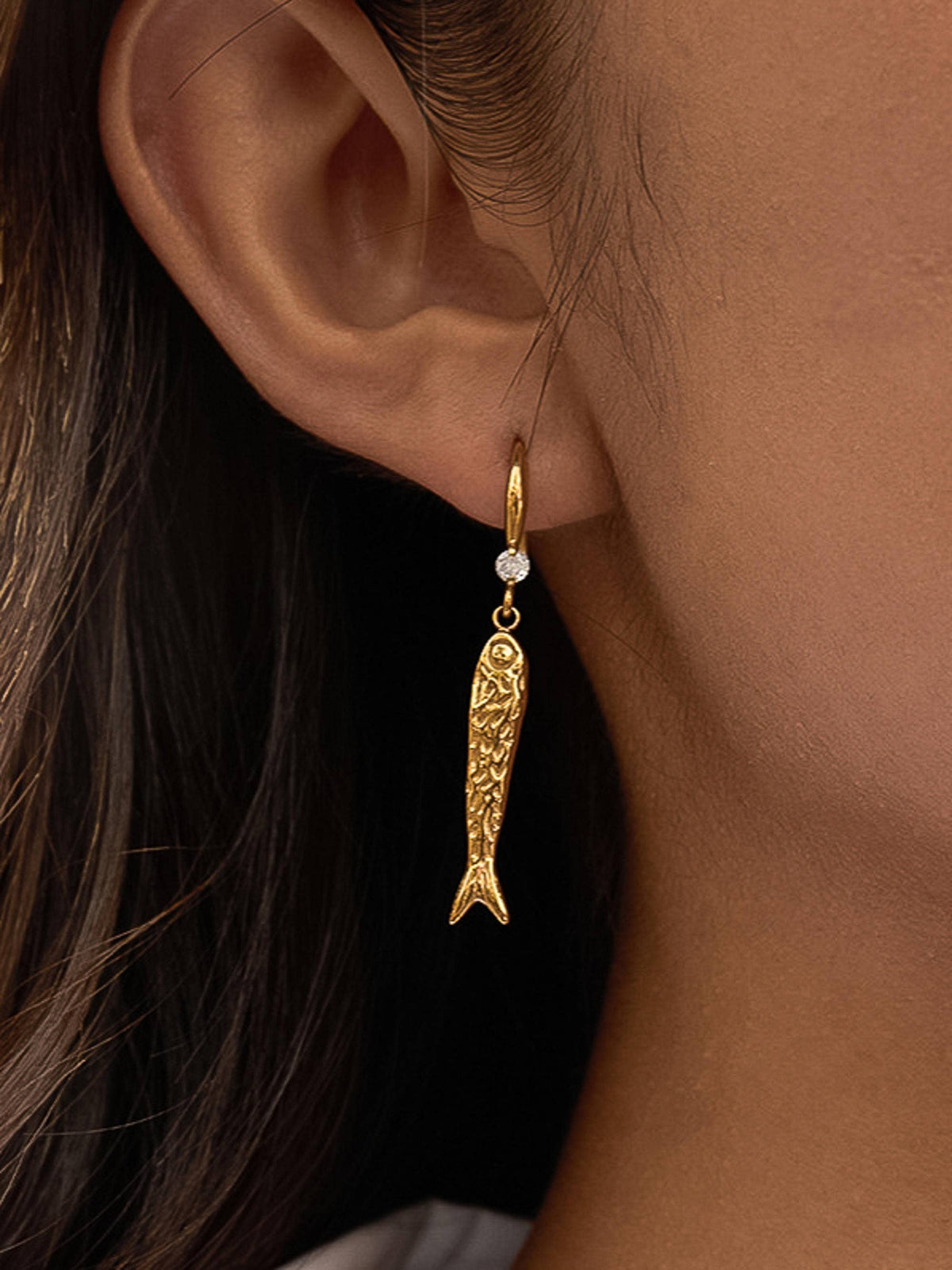 Calypsa 18K Gold Non-Tarnish Fish Charm Drop Earrings