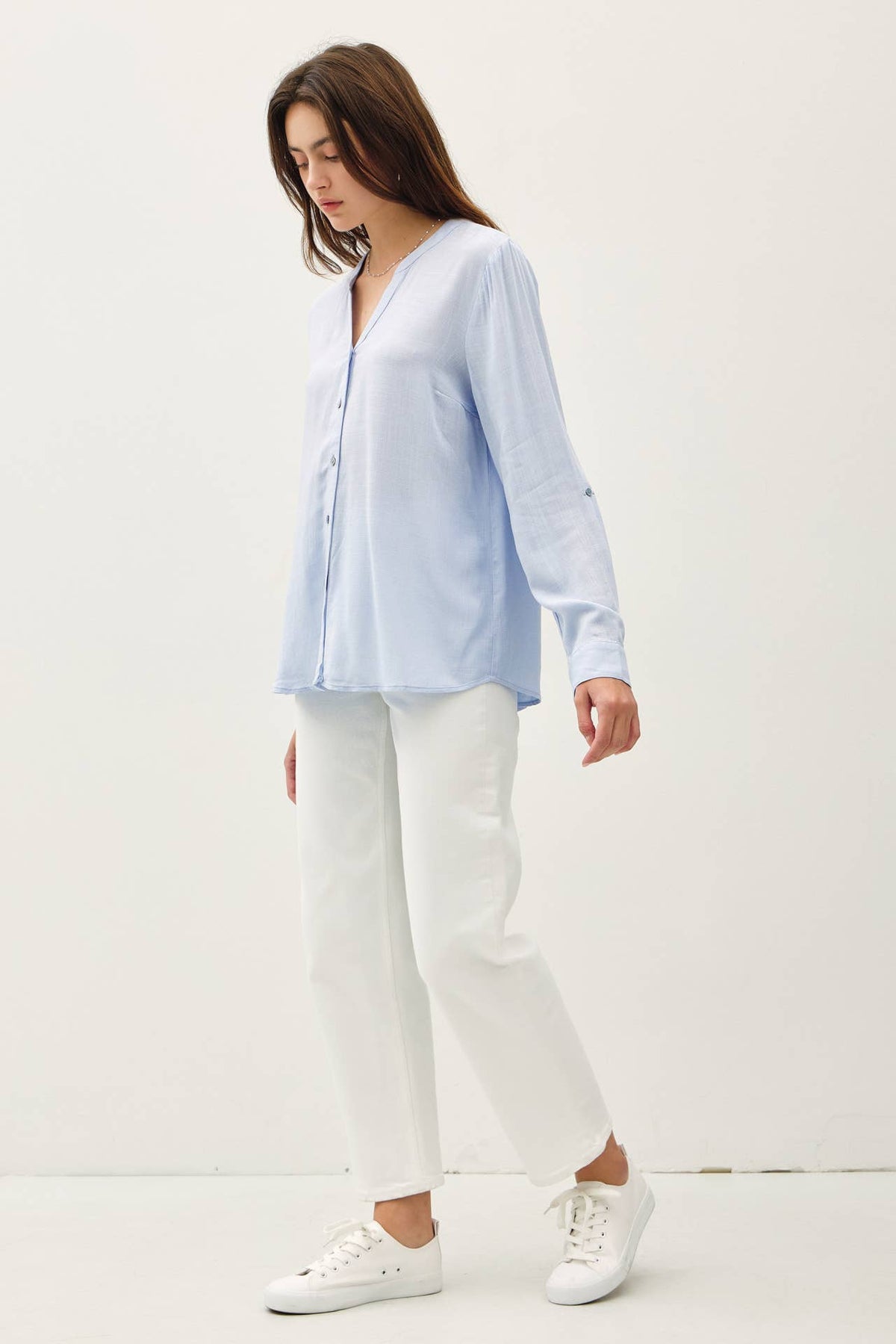 V-NECK MANDARIN COLLAR BUTTON DOWN SHIRT