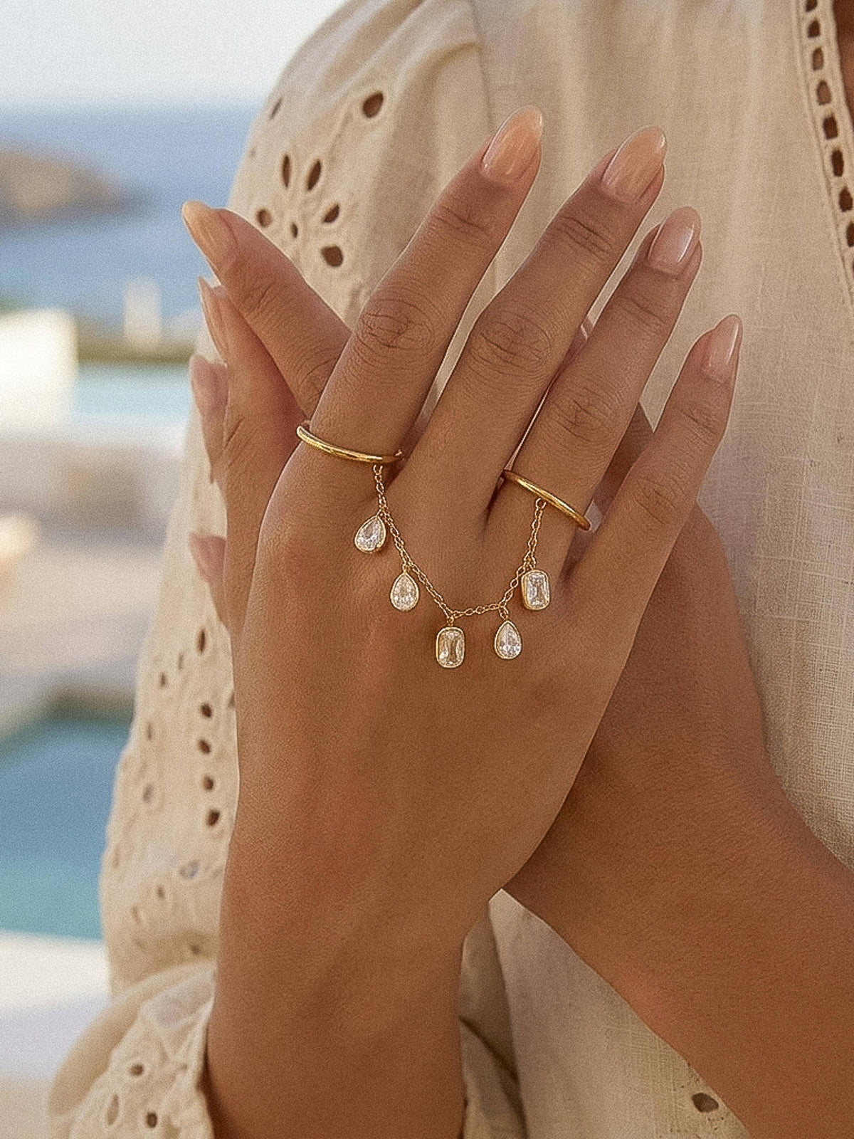 Cosette 18K Gold Non-Tarnish CZ Dangle Circle Drop Ring