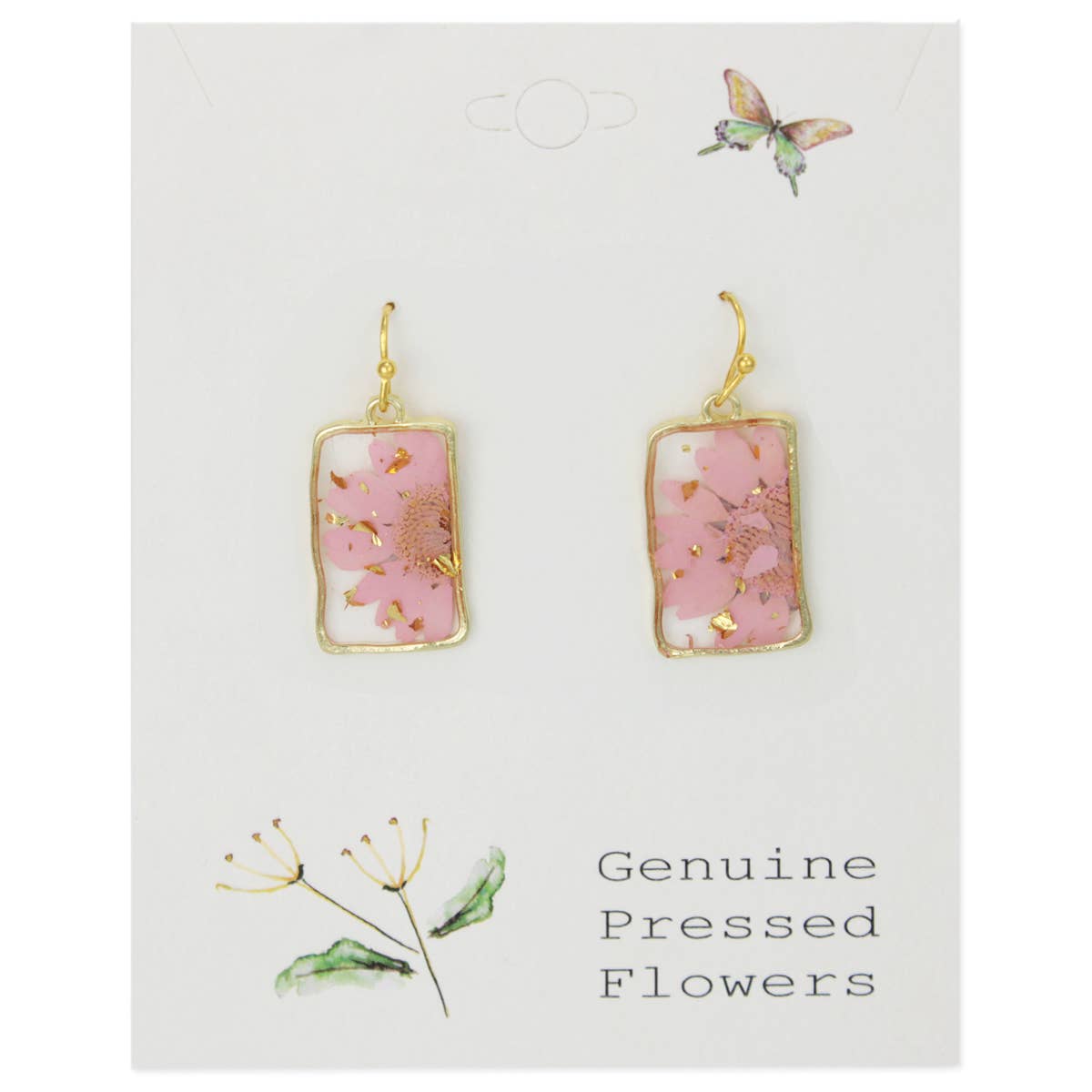 Pink Dried Flower Rectangle Gold Earrings