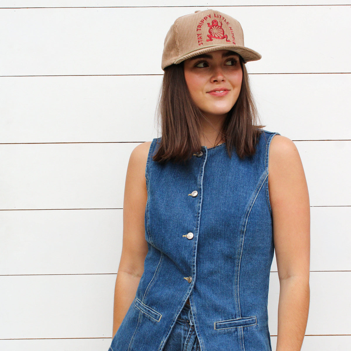 "Stay Trippy" Corduroy Trucker Hat- Flax