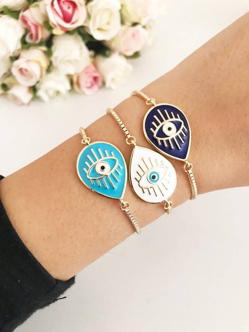 Blue Evil Eye Bracelet, Evil Eye Jewelry, Gold Adjustable Bracelet