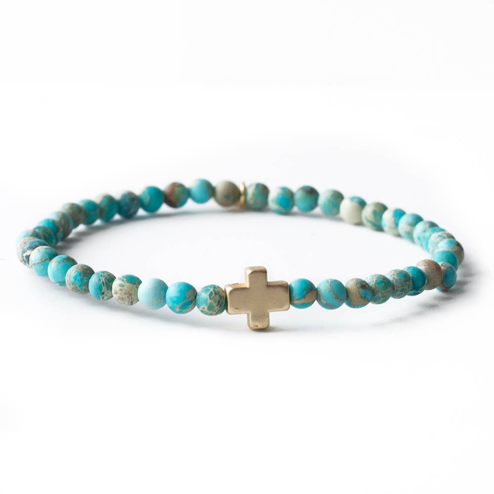 Faith Over Fear Turquoise Jasper Stretch Bracelet w/ Cross
