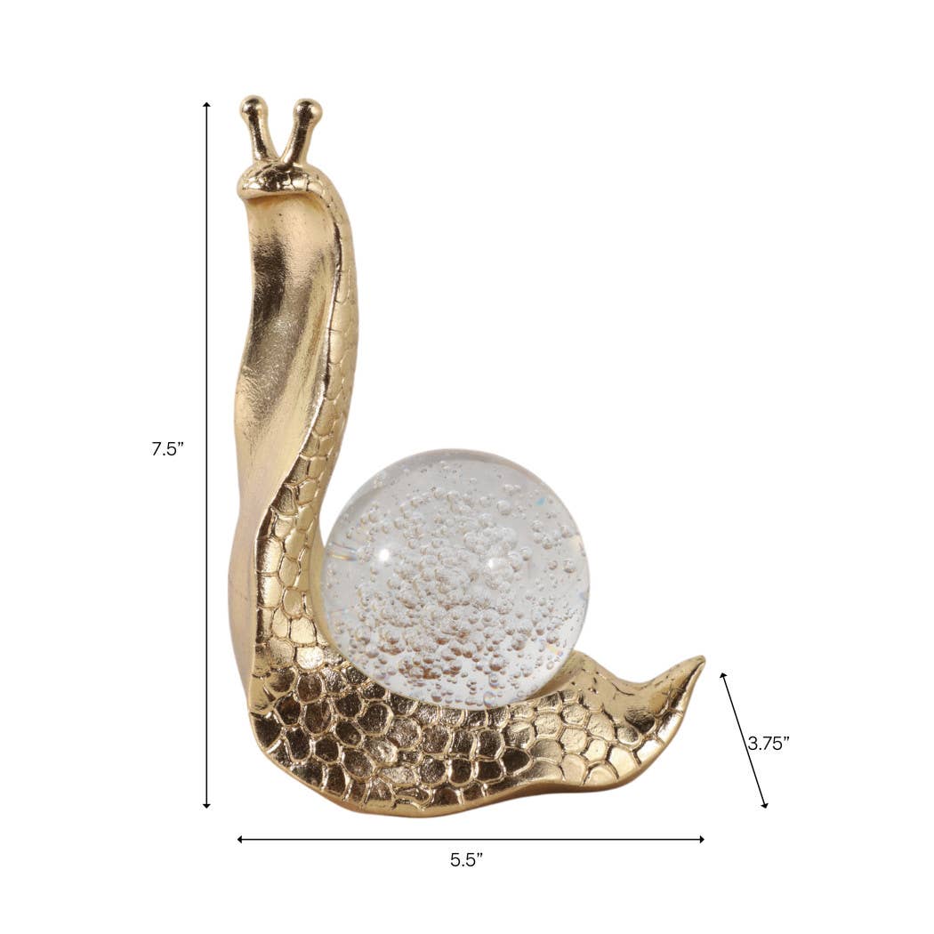 Decorative Figurine - Gold Resin Snail Glass Ball, 8 in.