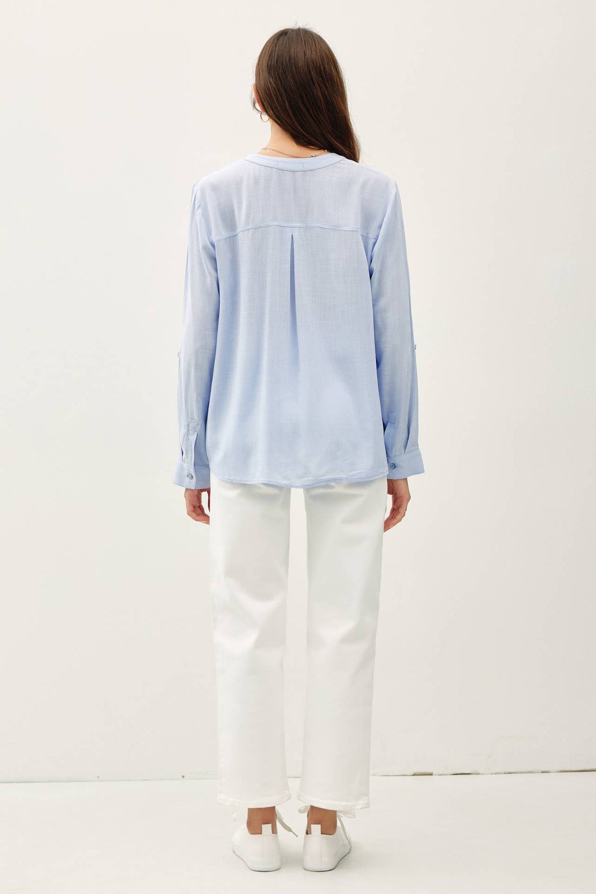 V-NECK MANDARIN COLLAR BUTTON DOWN SHIRT