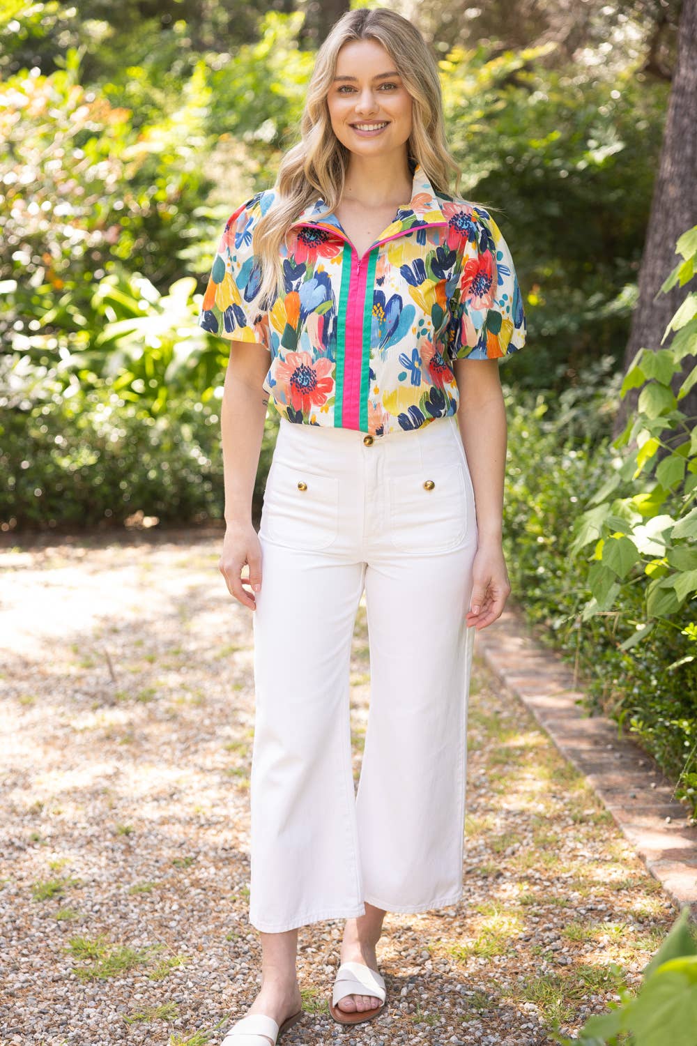 36699 Stripe Quarter Zip Watercolor Floral Print Top