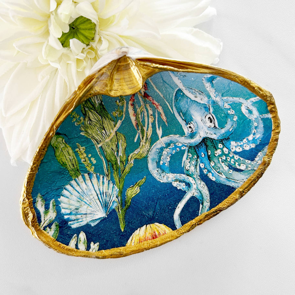 Underwater Oceanic Decoupage Clam Shell Trinket Dish