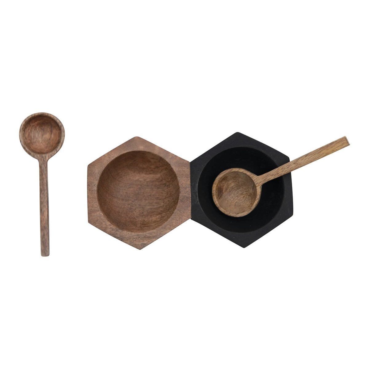 Black & Natural Two Section Hexagon Shaped Wood Dish with Spoons - Set of 3