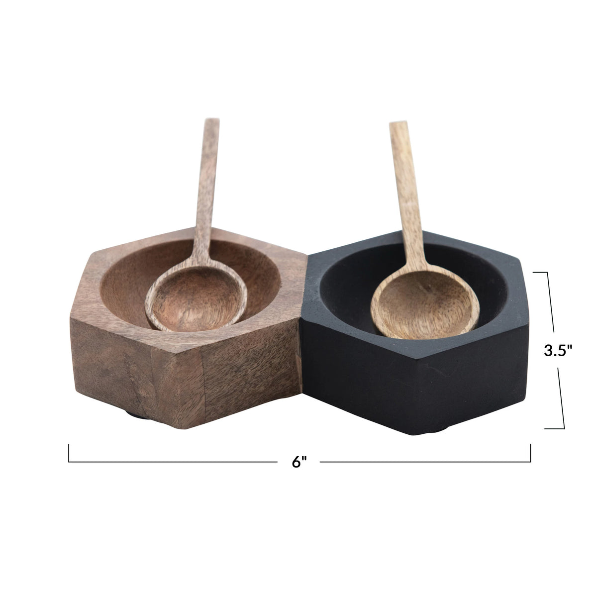 Black & Natural Two Section Hexagon Shaped Wood Dish with Spoons - Set of 3