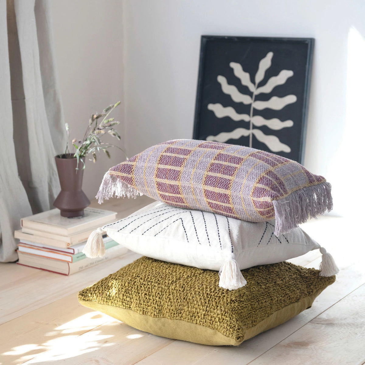 Natural & Black Embroidered 18" Cotton Blend Tasseled Pillow