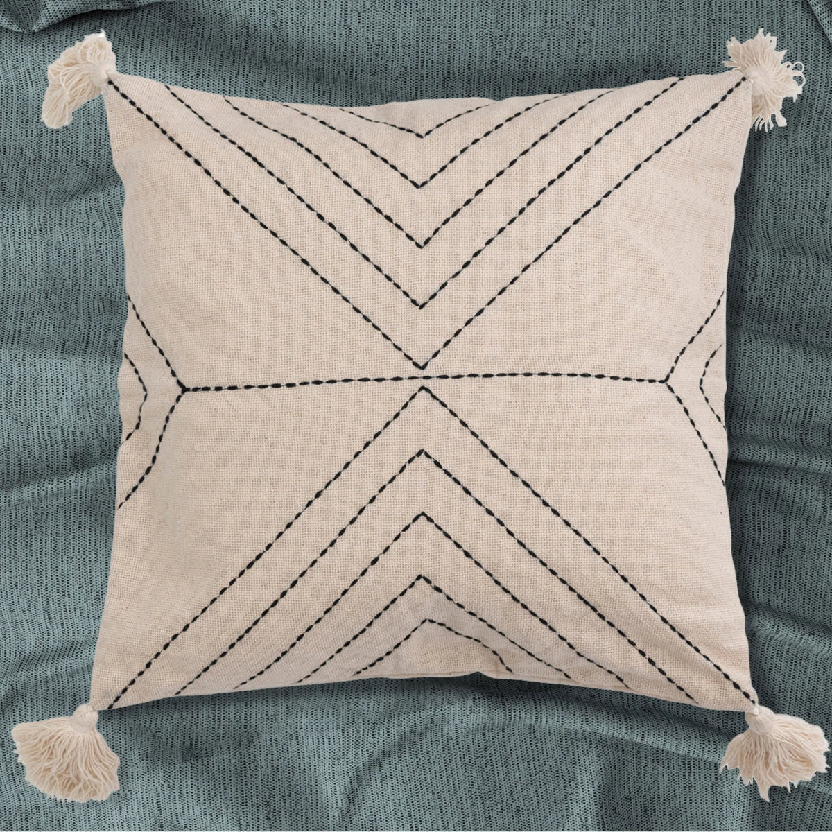 Natural & Black Embroidered 18" Cotton Blend Tasseled Pillow