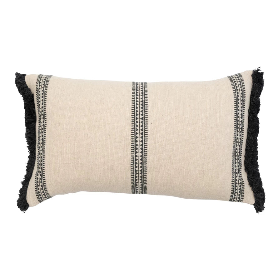 Charcoal & Cream Striped Embroidered Cotton Slub Lumbar Pillow with Fringe